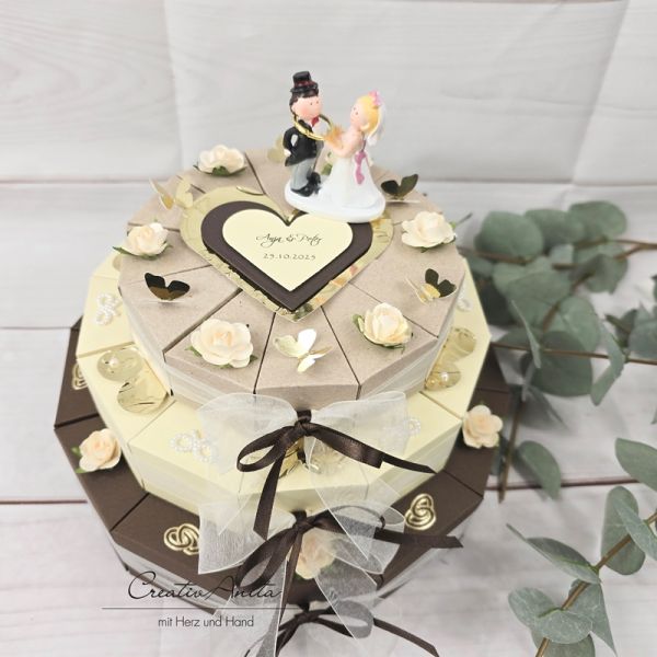 Schachteltorte 3-stöckig mit Schmetterlingen - Geldgeschenk Hochzeit BRAUN-ELFENBEIN